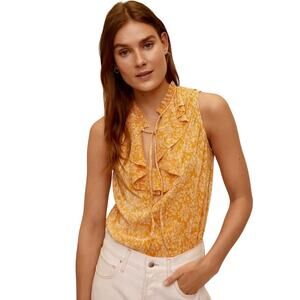 VGC Mango Leo Mustard White Floral Ruffles Tie Front Sleeveless Top-Medium
